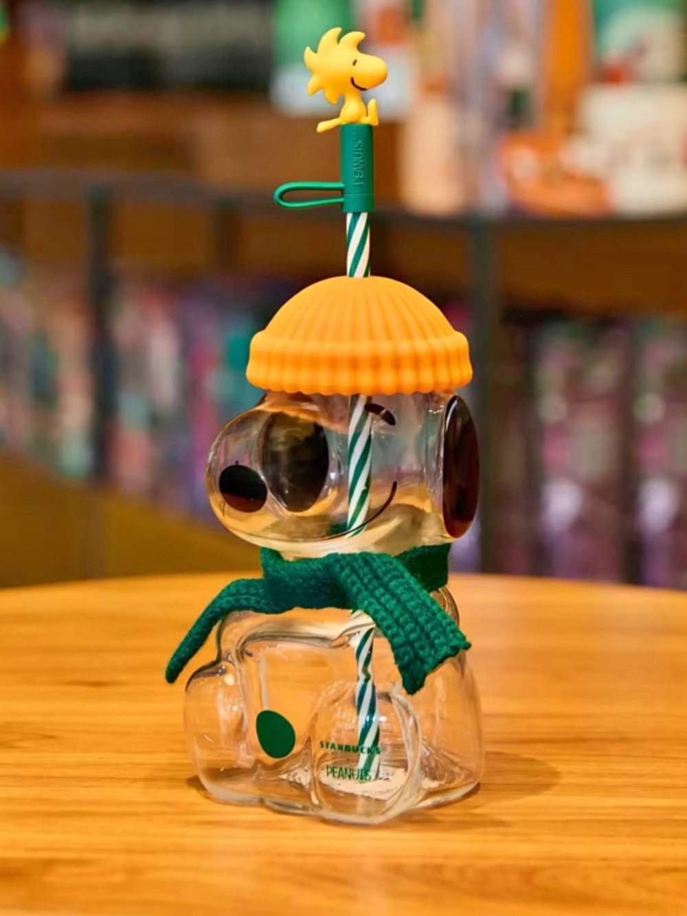 Starbucks x Snoopy glass Tumbler with Orange Lid and Green Accents